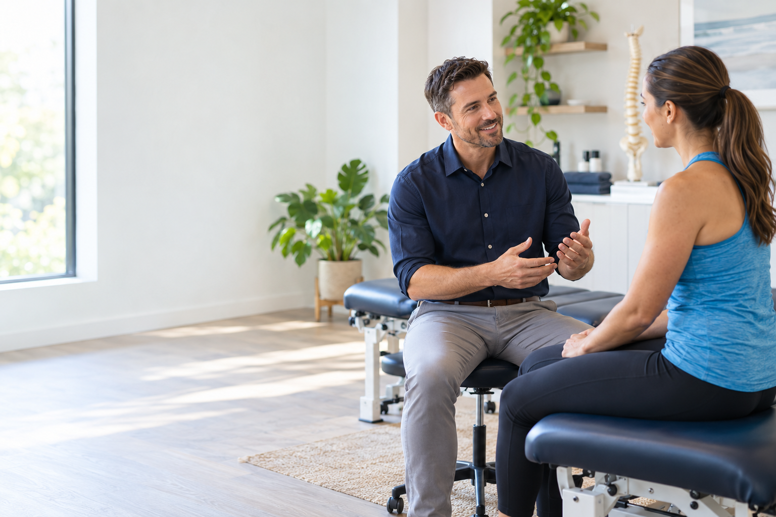 A chiropractor listening to a patient during a consultation